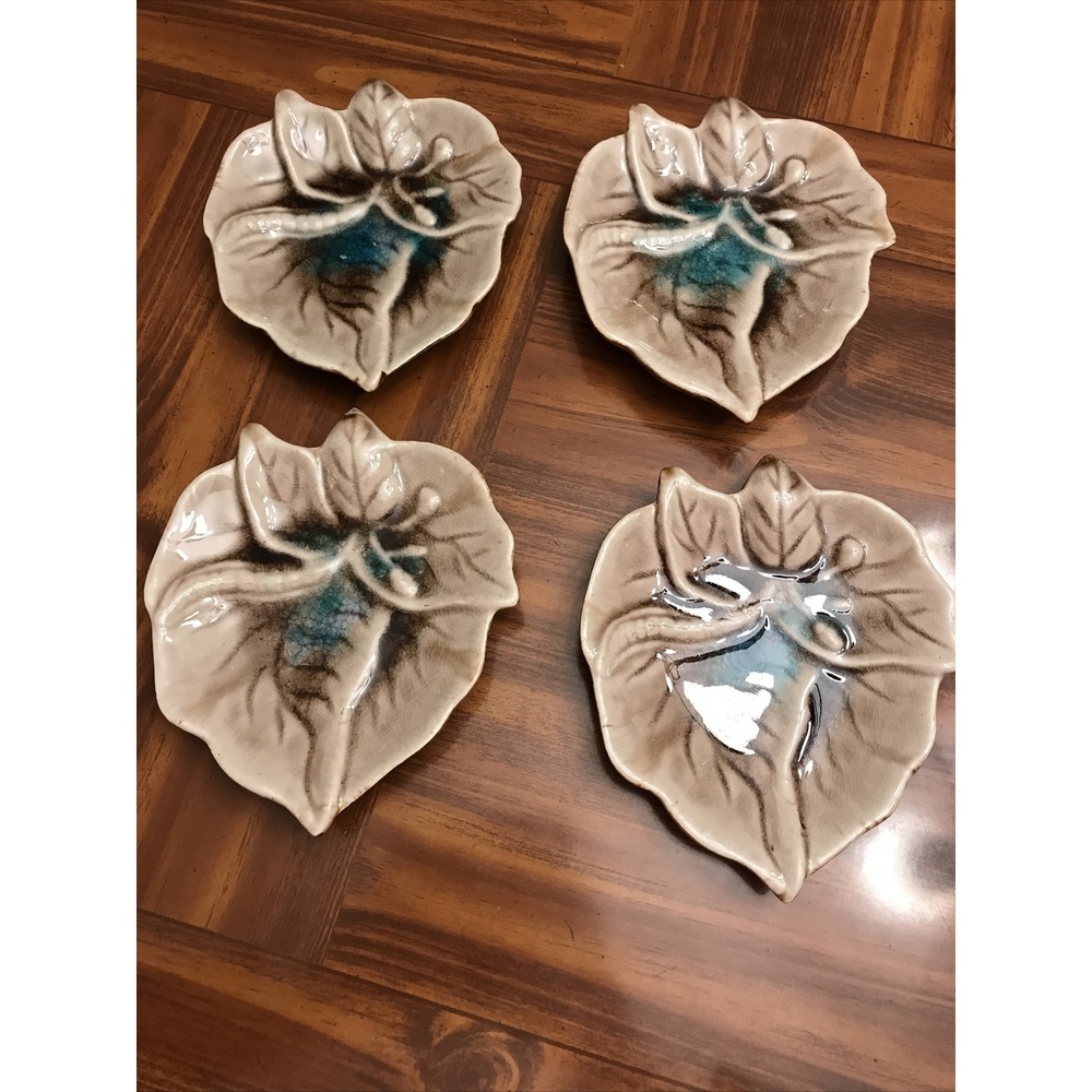 Vintage Pottery Stoneware Brown Teal Leaf Plate ash tray